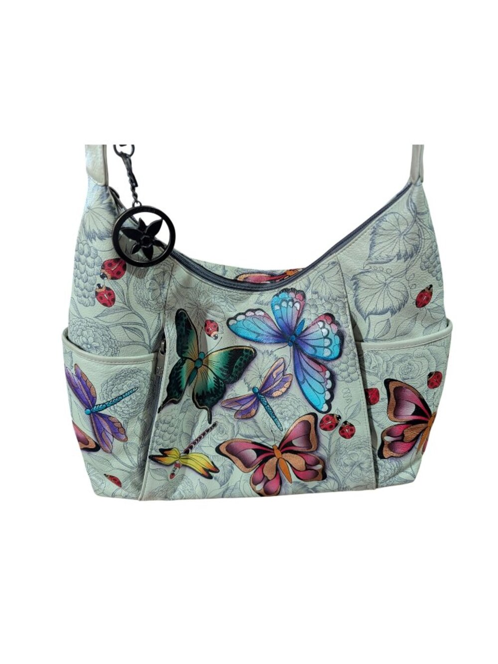 Anuschka Hand Painted Leather Butterfly & Ladybug Shoulder Bag Purse